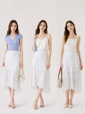 See You Monday Cream Asymmetrical Midi Skirt with Blue Floral Print